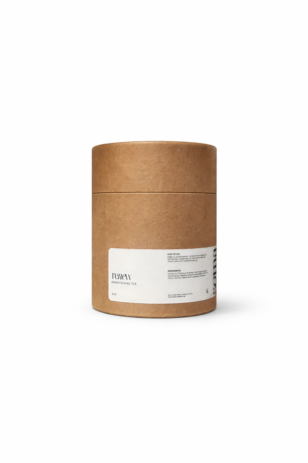 Brown cylindrical container with a white label on a white background
